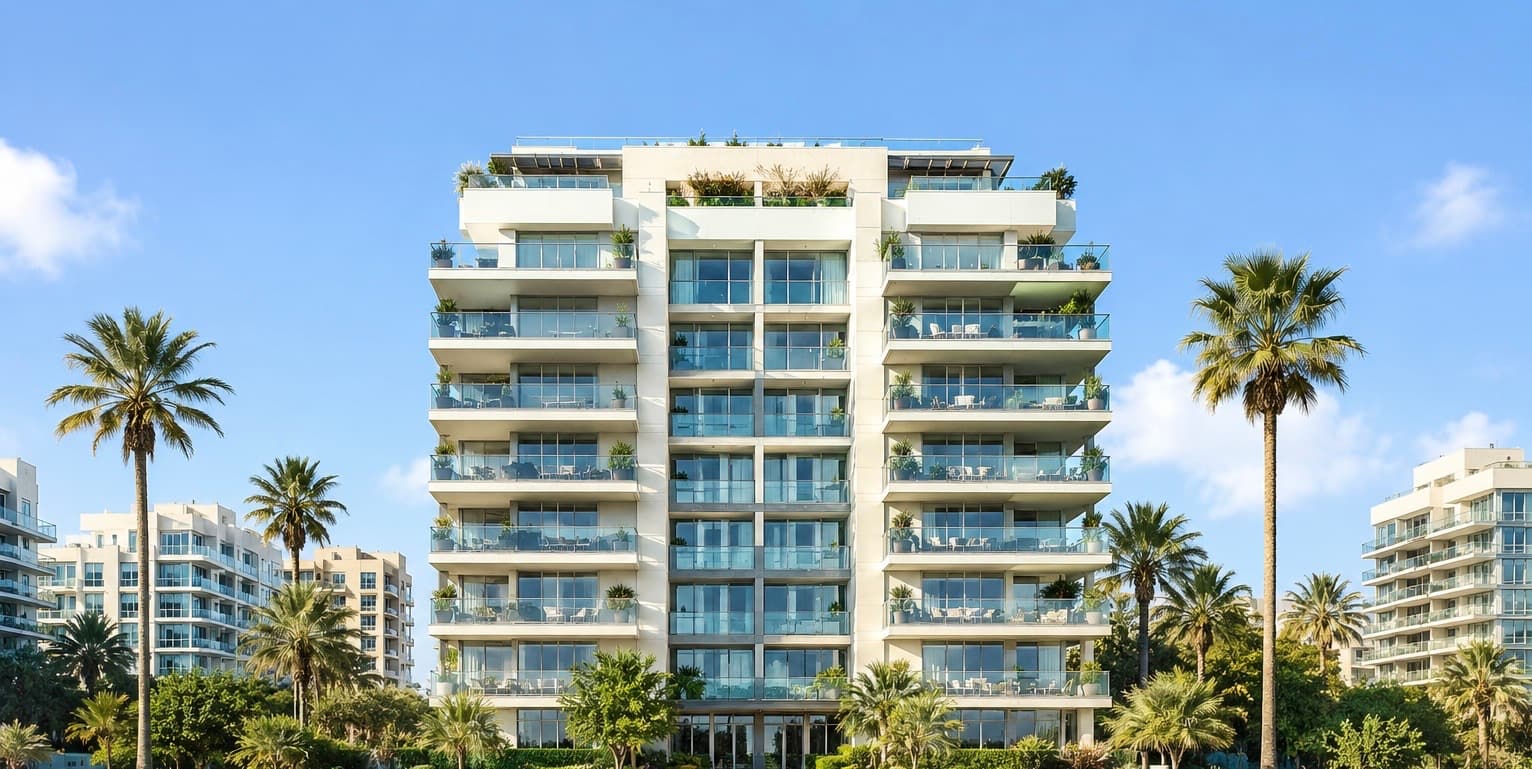 Modern apartment building in North Tel Aviv with palm trees