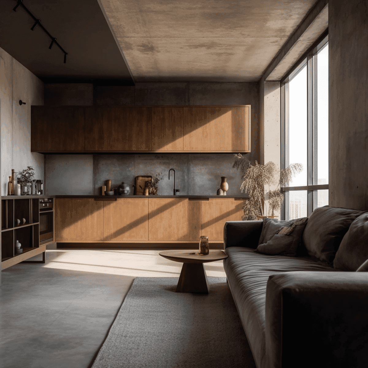 modern living room and kitchen with wooden cabinets and soft natural light